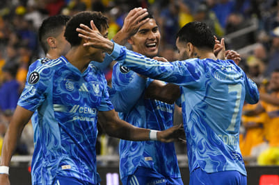 | Photo: AP/John Amis : UANL Tigres forward Ángel Correa, right, celebrates his goal against Nashville SC with Francisco Reyes, second from right, and other team mates during the first half of an CONCACAF Champions Cup first leg semifinal soccer match in Nashville, Tennessee.