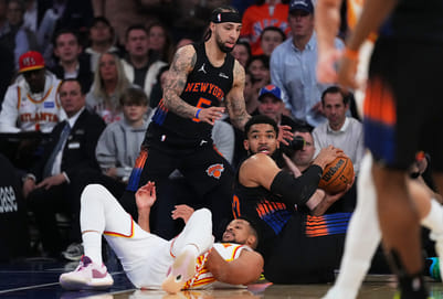 | Photo: AP/Frank Franklin II : New York Knicks Karl-Anthony Towns, right, and Jose Alvarado fights for control of the ball with Atlanta Hawks CJ McCollumm below, during the first half in Game 5 of a first-round NBA playoffs basketball series, in New York.