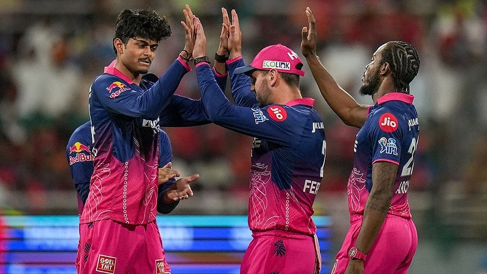 | Photo: PTI/Shiva Sharma : Rajasthan Royals Yashraj Punja, left, celebrates with teammates after taking the wicket of Punjab Kings Cooper Connolly during the Indian Premier League (IPL) 2026 T20 cricket match between Punjab Kings and Rajasthan Royals, in Mullanpur.