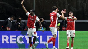 | Photo: AP/Miguel Angelo Pereira : Braga's Mario Dorgeles, left, celebrates after scoring his side's second goal during the Europa League semifinal, first leg, soccer match between SC Braga and Freiburg in Braga, Portugal, Thursday, April 30, 2026.