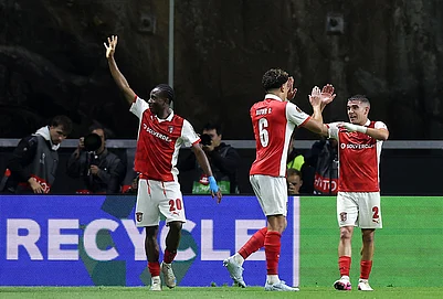 | Photo: AP/Miguel Angelo Pereira : Bragas Mario Dorgeles, left, celebrates after scoring his sides second goal during the Europa League semifinal, first leg, soccer match between SC Braga and Freiburg in Braga, Portugal.