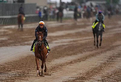 | Photo: AP/Charlie Riedel : Kentucky Derby entrant Emerging Market works out at Churchill Downs in Louisville, Kentucky.