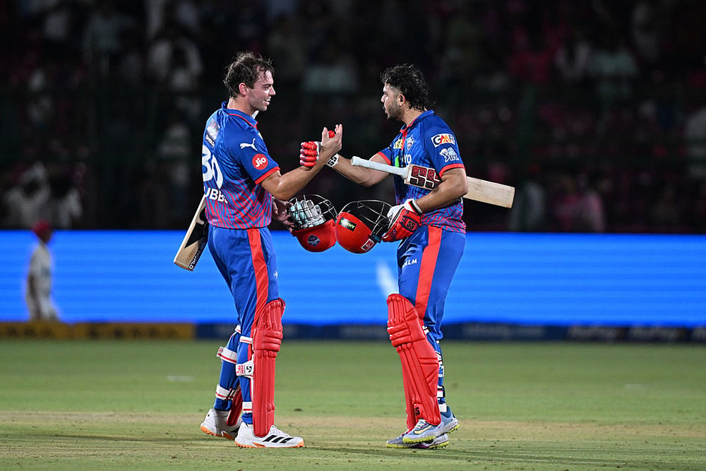 | Photo: AP : Delhi Capitals Tristan Stubbs with batting partner Ashutosh Sharm celebrate after wining against Rajasthan Royals during the Indian Premier League cricket match in Jaipur, India.