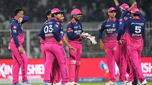 | Photo: AP/Bikas Das : Rajasthan Royals Dhruv Jurel, center, celebrates with teammates after stumping Kolkata Knight Riders Cameron Green out during the Indian Premier League cricket match between Kolkata Knight Riders and Rajasthan Royals in Kolkata, India.