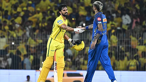 | Photo: AP : Chennai Super Kings captain Ruturaj Gaikwad, left, is congratulated by Mumbai Indians captain Hardik Pandya after Chennai Super Kings won the Indian Premier League cricket match between against Mumbai Indians in Chennai, India, Saturday, May 2, 2026.