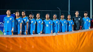 | Photo: X/IndianFootball : The India U17 women's football team during the AFC U17 Women's Asian Cup match against Australia on May 2, 2026.