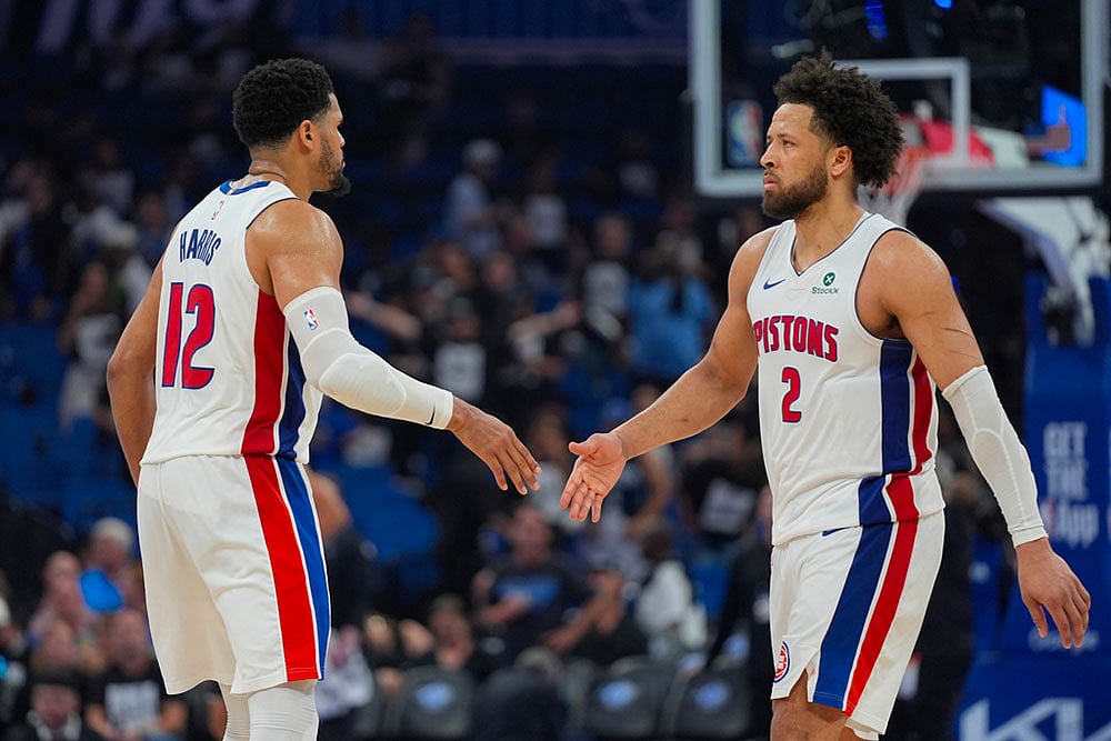 | Photo: AP/John Raoux : Detroit Pistons forward Tobias Harris (12) and guard Cade Cunningham (2) shake hands after defeating the Orlando Magic in Game 6 of a first-round NBA basketball playoffs series, in Orlando, Fla.
