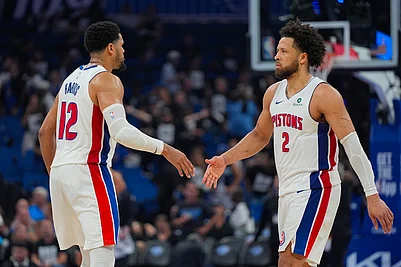 | Photo: AP/John Raoux : Detroit Pistons forward Tobias Harris (12) and guard Cade Cunningham (2) shake hands after defeating the Orlando Magic in Game 6 of a first-round NBA basketball playoffs series, in Orlando, Fla.