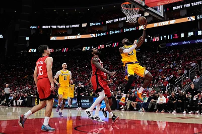 | Photo: AP/Ashley Landis : Los Angeles Lakers forward LeBron James (23) shoots during the first half of Game 6 of a first-round NBA playoffs basketball series against the Houston Rockets in Houston.