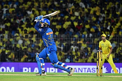 | Photo: AP : Mumbai Indians Ryan Rickelton plays a shot during the Indian Premier League cricket match between Chennai Super Kings and Mumbai Indians in Chennai, India.