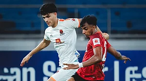 IndSuperLeague/X : SC Delhi and Punjab FC footballers fighting for the ball during ISL 2025-26 match at Delhi.