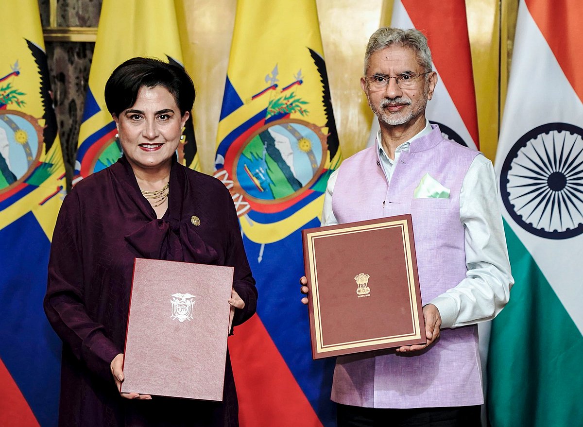 (@DrSJaishankar/X via PTI Photo) : External Affairs Minister S Jaishankar with Ecuador Foreign Affairs and Human Mobility Minister Gabriela Sommerfeld Rosero during a meeting as the latter arrives on a three-day visit to India, in New Delhi. 