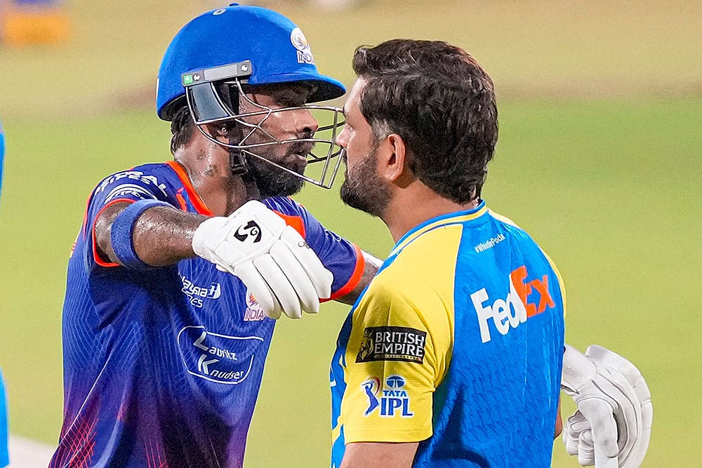| Photo: PTI/R Senthilkumar : Mumbai Indians captain Hardik Pandya, left, with Chennai Super Kings MS Dhoni during a training session ahead of an Indian Premier League (IPL) 2026 T20 cricket match between Chennai Super Kings and Mumbai Indians, in Chennai, Tamil Nadu.