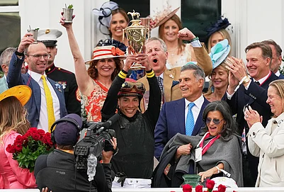 | Photo: AP/Abbie Parr : Jockey Jose L. Ortiz celebrates after riding Golden Tempo to victory the 152nd running of the Kentucky Derby horse race at Churchill Downs, in Louisville, Kentucky.