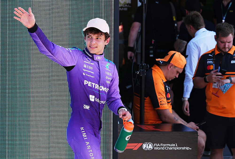 | Photo: AP/Rebecca Blackwel : Mercedes driver Kimi Antonelli of Italy reacts after a qualifying session for the Miami Formula One Grand Prix auto race in Miami Gardens, Florida. 