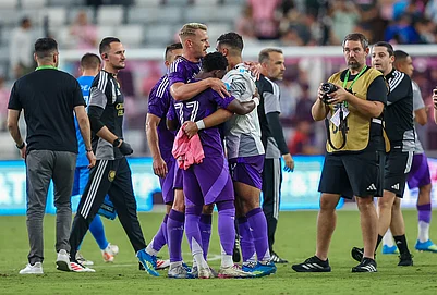 | Photo: AP/Chris Arjoon : Orlando City players celebrate together at the end of the second half during an MLS soccer match against the Inter Miami in Miami.
