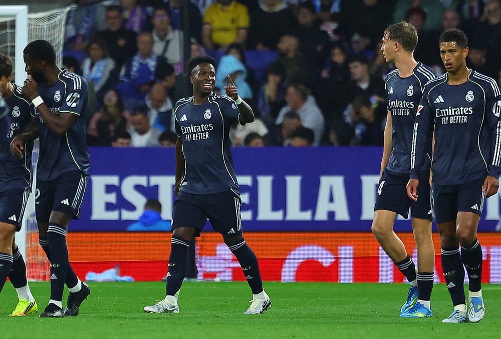 | Photo: AP : Real Madrids Vinicius Junior celebrates after scoring during the La Liga soccer match between Espanyol and Real Madrid in Barcelona Spain.