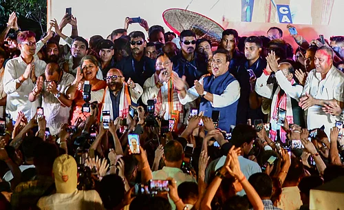 PTI : Guwahati: Assam Chief Minister and BJP candidate from Jalukbari constituency, Himanta Biswa Sarma, celebrates with party workers after winning in the state Assembly election results, in Guwahati, Monday, May 4, 2026.
