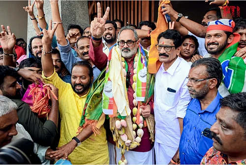 PTI : Thiruvananthapuram: BJP Kerala President and candidate from Nemom Assembly constituency, Rajeev Chandrasekhar, celebrates during vote tabulation on the day of state Assembly election results, in Thiruvananthapuram, Monday, May 4, 2026