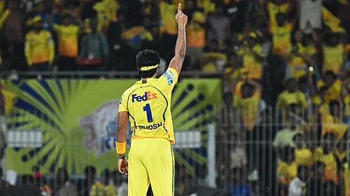 AP Photo : Chennai Super Kings Ramakrishna Ghosh celebrates the wicket of Mumbai Indians Suryakumar Yadav during the Indian Premier League cricket match between Chennai Super Kings and Mumbai Indians in Chennai.