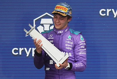 | Photo: AP/Lynne Sladky : Mercedes driver Kimi Antonelli of Italy holds his trophy after winning the Miami Formula One Grand Prix auto race, Sunday, May 3, 2026, in Miami Gardens, Florida.