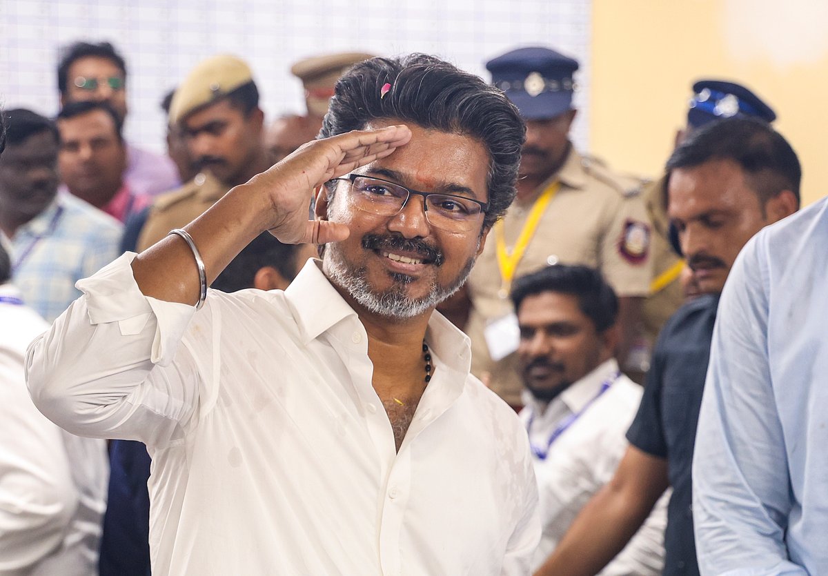 PTI : Chennai: Tamilaga Vettri Kazhagam (TVK) chief and candidate from the Perambur constituency, Vijay, celebrates after winning in the Tamil Nadu Assembly elections results, in Chennai, Monday, May 4, 2026. 