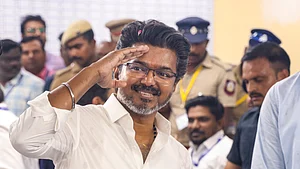 PTI : Chennai: Tamilaga Vettri Kazhagam (TVK) chief and candidate from the Perambur constituency, Vijay, celebrates after winning in the Tamil Nadu Assembly elections results, in Chennai, Monday, May 4, 2026.