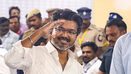 PTI : Chennai: Tamilaga Vettri Kazhagam (TVK) chief and candidate from the Perambur constituency, Vijay, celebrates after winning in the Tamil Nadu Assembly elections results, in Chennai, Monday, May 4, 2026.