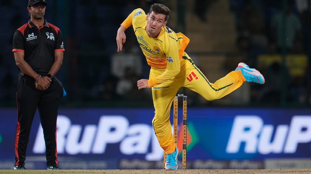 (AP Photo/Manish Swarup) : Chennai Super Kings Noor Ahmad bowls a delivery during the Indian Premier League cricket match between Chennai Super Kings and Delhi Capitals in New Delhi, India, Tuesday, May 5, 2026