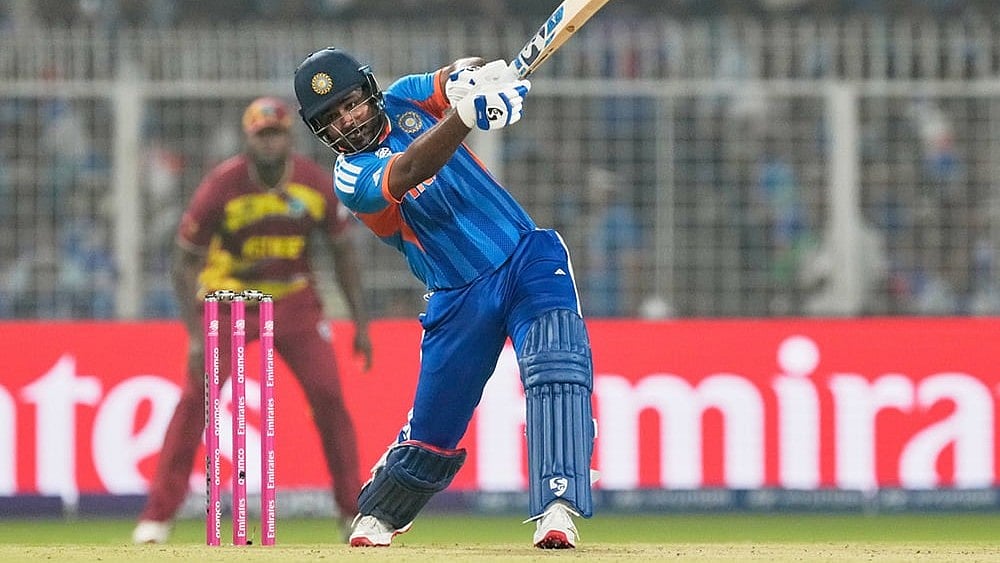 | Photo: AP/Bikas Das : Indias Sanju Samson plays a shot during the T20 World Cup cricket match between India and West Indies in Kolkata.
