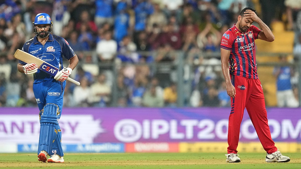 | Photo: AP/Rafiq Maqbool : Lucknow Super Giants Avesh Khan reacts after Mumbai Indians Rohit Sharma hits a boundary during the Indian Premier League cricket match between Mumbai Indians and Lucknow Super Giants in Mumbai, India, Monday, May 4, 2026.
