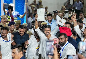 Source: PTI : Chennai: Tamilaga Vettri Kazhagam (TVK) chief and candidate from the Perambur constituency, Vijay, celebrates after winning in the Tamil Nadu Assembly elections results, in Chennai, Monday, May 4, 2026.