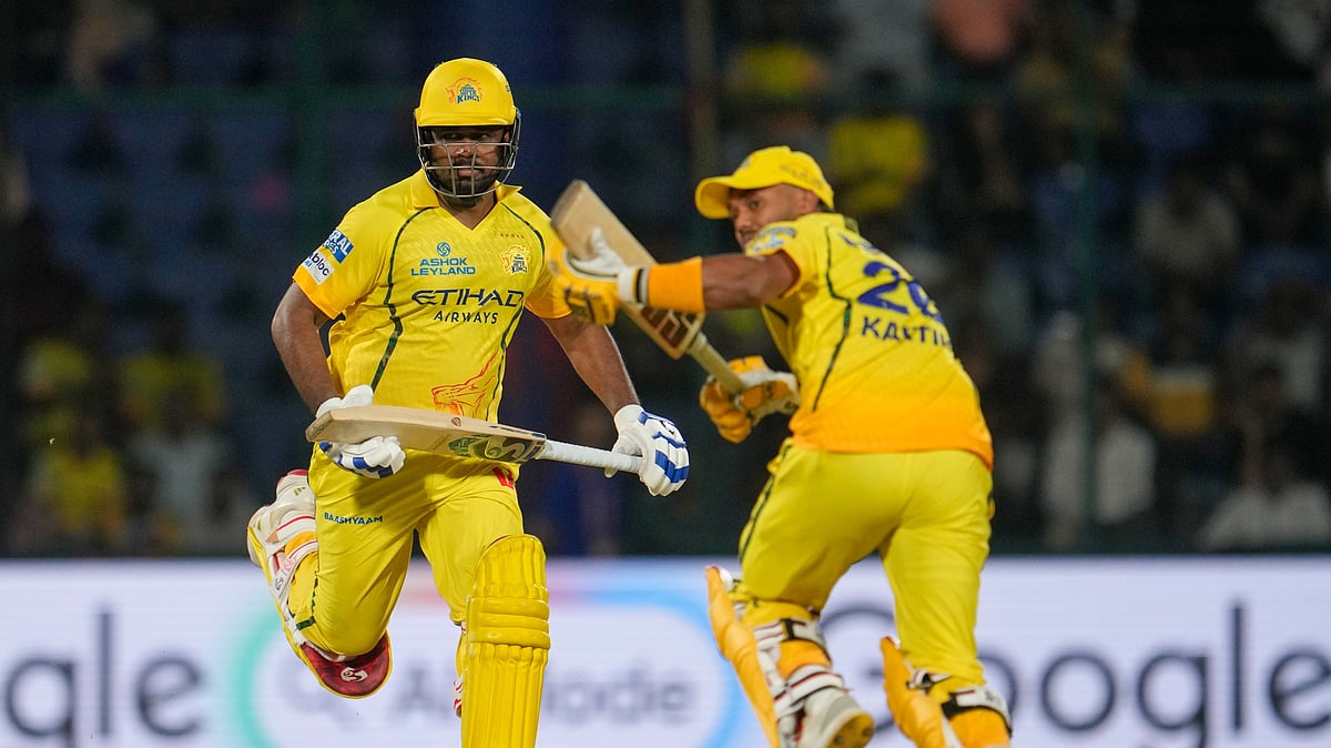 (AP Photo/Manish Swarup) : Chennai Super Kings Sanju Samson and Kartik Sharma run between the wickets to score during the Indian Premier League cricket match between Chennai Super Kings and Delhi Capitals in New Delhi, India, Tuesday, May 5, 2026.