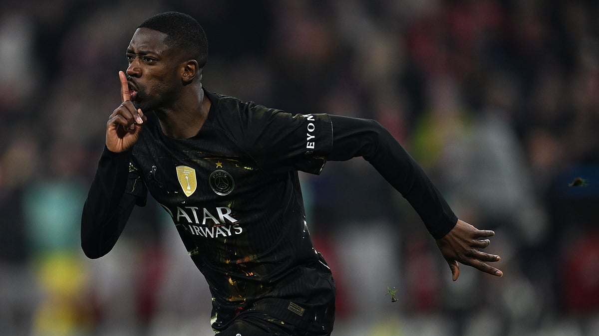 AP Photo : Ousmane Dembele celebrating after scoring a goal against Bayern Munich in UEFA Champions League 2025-26 semi-final leg 2. 