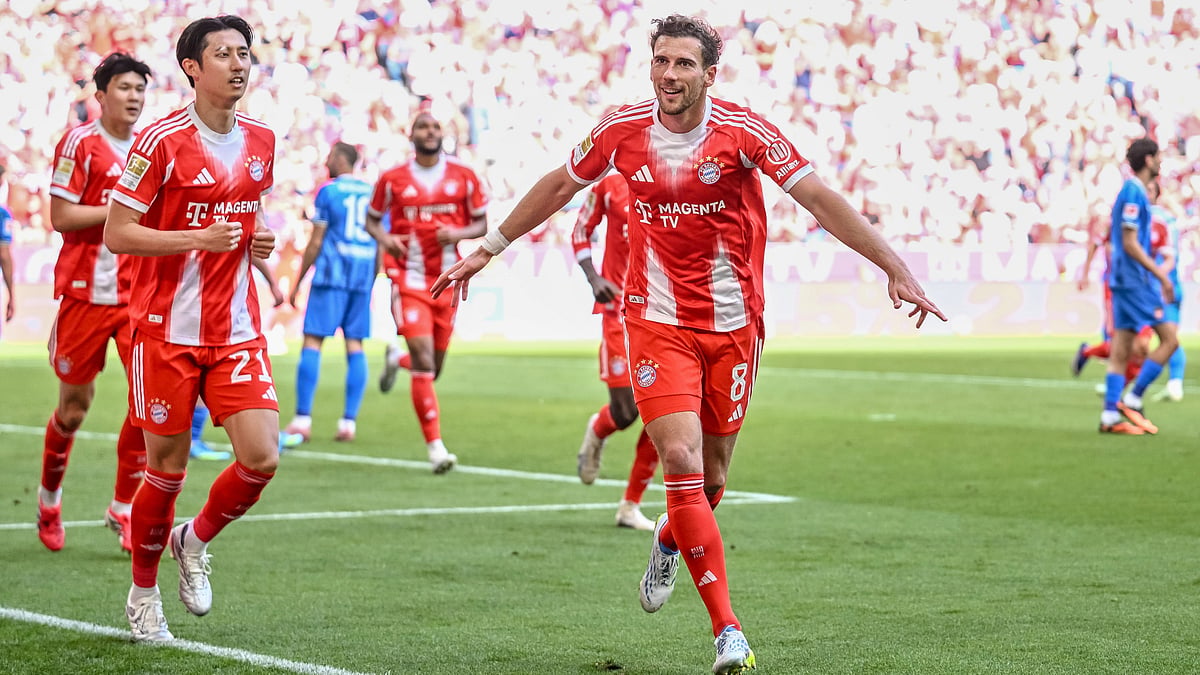 | Photo: AP/Harry Langer : Bayerns Leon Goretzka celebrates scoring their sides second goal of the game during a German Bundesliga soccer match between Bayern Munich and 1. FC Heidenheim in Munich, Germany, Saturday, May 2, 2026. 
