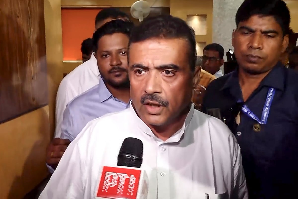 PTI : BJP leader Suvendu Adhikari speaks to the media on the Assembly election results day, in Kolkata.