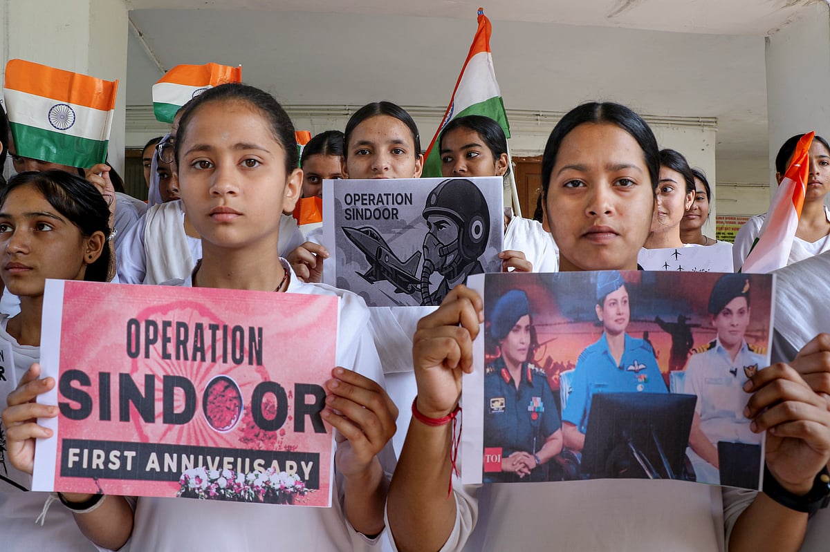 PTI Photo : Operation Sindoor anniversary in Jammu: Students hold placards during a programme marking the first anniversary of Operation Sindoor, in Jammu, Thursday, May 7, 2026.