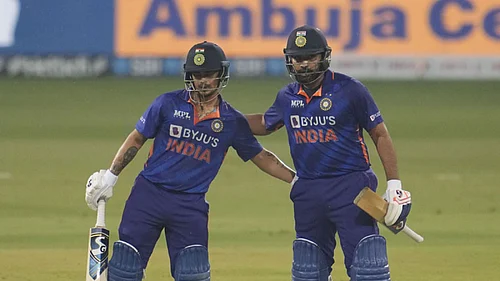 File : Ishan Kishan, left, with India captain Rohit Sharma during their 1st T20I match against Sri Lanka.