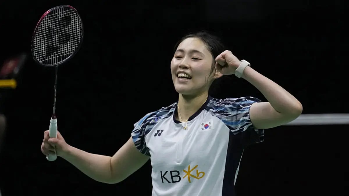 File Photo : South Koreas Sim Yu Jin reacts after defeating Chinas Wang Zhi Yi in Uber Cup 2022 final.