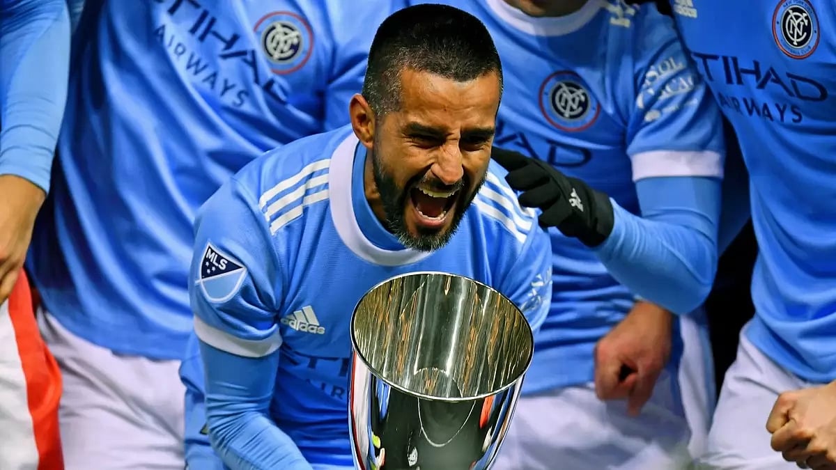 File Photo : New York City FC Vs Puebla Live Streaming, Leagues Cup 2025: Moralez celebrates title win in 2021 with his New York City FC teammates.