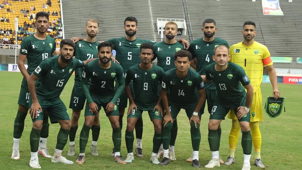 The Pakistan men's football team ahead of their match against Cambodia in Islamabad.